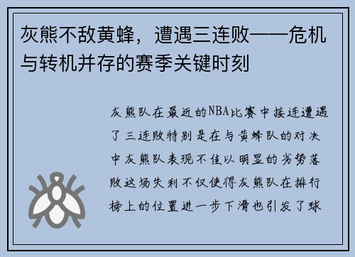灰熊不敌黄蜂，遭遇三连败——危机与转机并存的赛季关键时刻